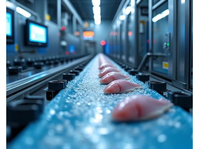Automated fish processing line with fish moving quickly through sorting machinery.