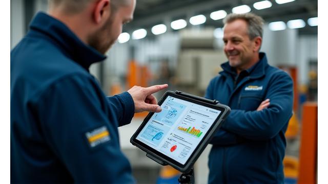 Consultant showing factory manager data on a tablet, symbolizing efficiency analysis.