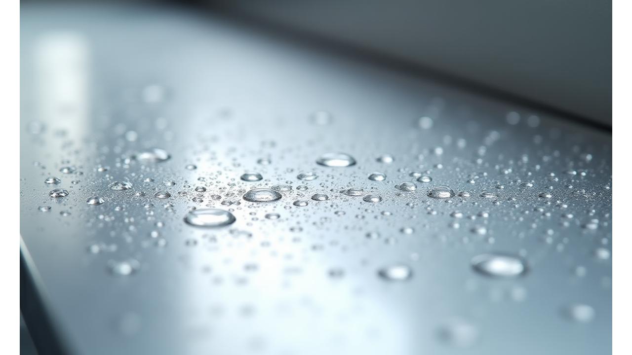 Close-up of a hygienic stainless steel food processing surface with water droplets, signifying cleanliness.