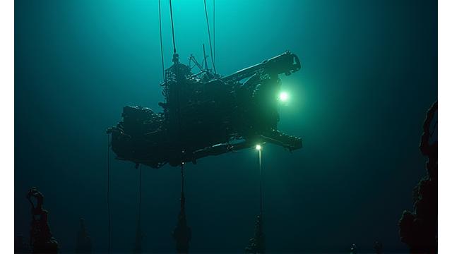 Specialized deep-sea remotely operated vehicle (ROV) deploying fishing gear at extreme ocean depths.