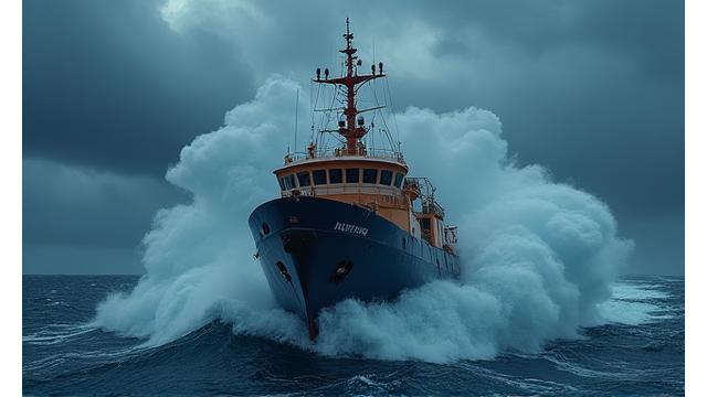 Large fishing vessel battling a severe North Atlantic storm, waves crashing over the bow, emphasizing robust construction.