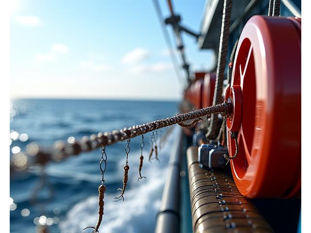 Automated longline system being prepared on deck, showing baited hooks and line management.