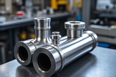 Fabricated custom marine exhaust manifold in stainless steel, clean and ready for installation.