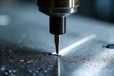 Close-up of a CNC machine cutter working on a complex metal marine component, showing fine details and precision.