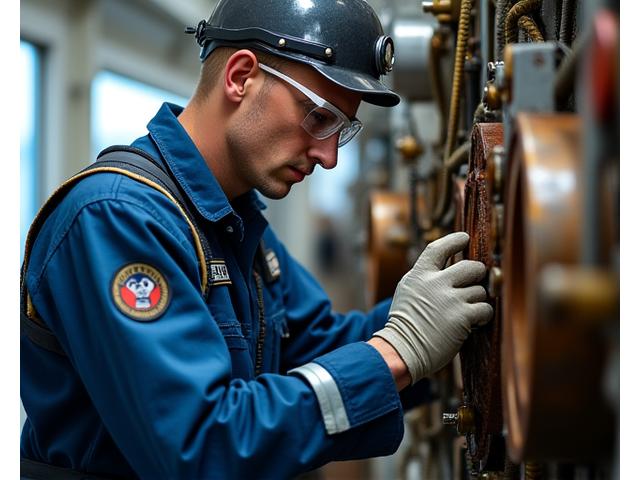 Marine technician performing preventive maintenance on complex fishing machinery aboard a vessel