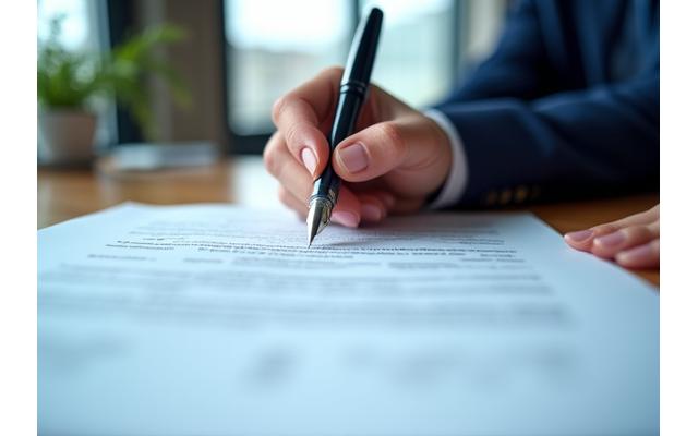 A close-up of a contract being signed, depicting two hands with a pen over a document. Focus on precision and legal detail.