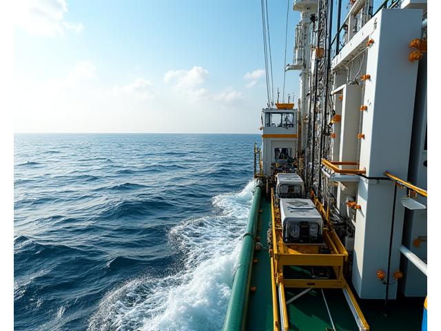 A longline fishing vessel at sea, with an efficient automated longline baiting and setting system in operation.